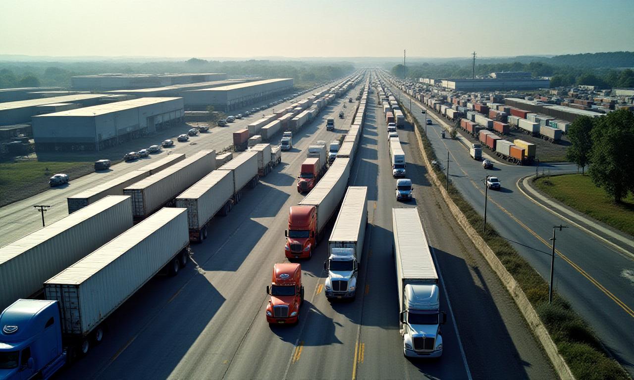 Aerial view of Columbus Ohio logistics hub with trucks and warehouse operations